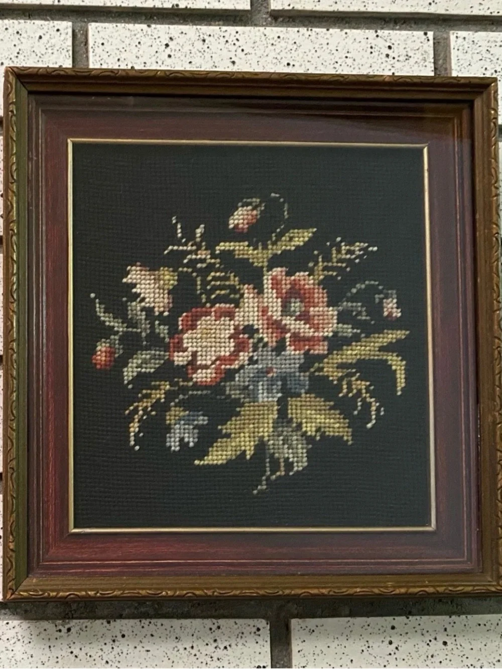 Antique Black Wool Floral Needlepoint Framed Art Panel Handmade Bouquet Flowers - Picture 5 of 10